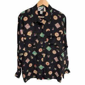 Jennifer L Vintage 100% Silk Black Floral Postage Stamp Floral Blouse Shirt